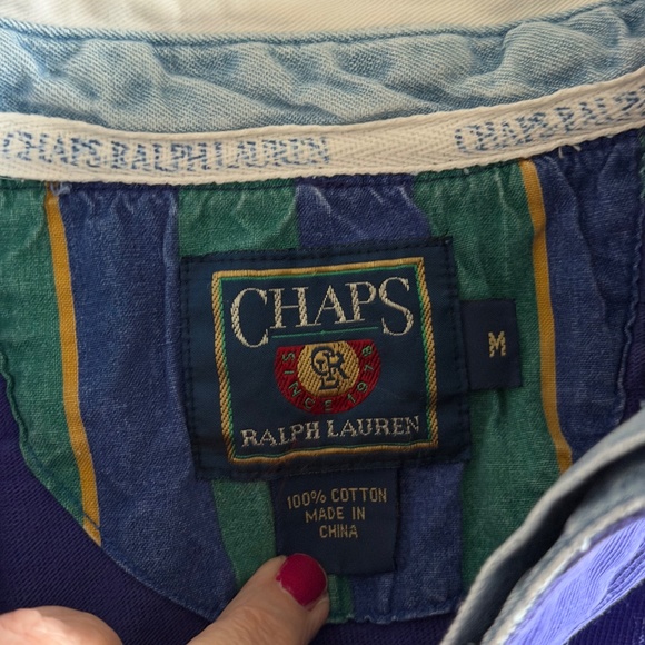 Vintage Ralph Lauren Chaps Rugby Shirt Mens M Navy Green Stripe 90s Preppy Bloke - Picture 11 of 12
